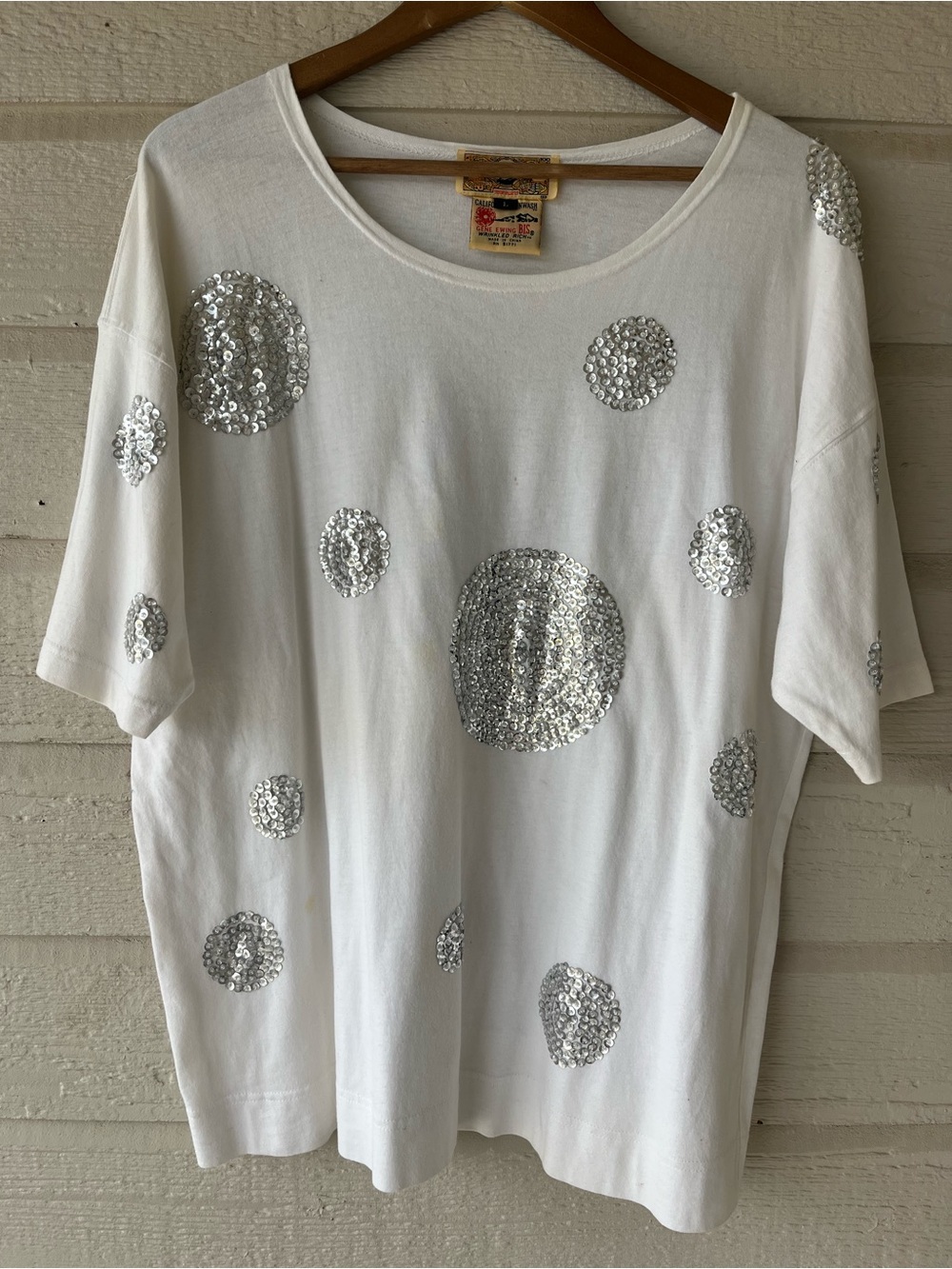 Vintage Gene Ewing Bis White Sequin Dot Short Sleeve Oversized Tshirt Large